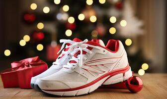 AI generated New years running shoe. Healthy lifestyle, new year challenge, fitness trainer sneakers with photo
