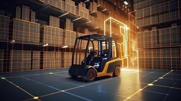 AI generated Forklift doing storage in warehouse by artificial intelligence automation. Robotics applied to photo