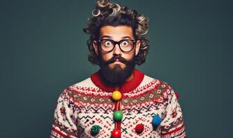 ai generado estudio retrato de hermoso contento barbado hombre vistiendo Navidad feo suéter con ornamento, posando foto