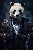 ai generado panda vestido en un de buen tono moderno traje, en pie como un confidente líder y un poderoso empresario. foto