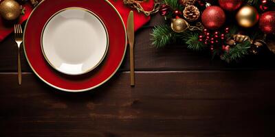 AI generated Elegant christmas table setting in white red color for holiday dinner. Christmas or New Years photo