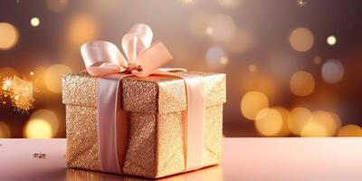 AI generated Gift box on table with snow, blur Christmas tree and golden festive bokeh light background for photo