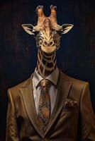 AI generated Giraffe dressed in an elegant modern suit with a nice tie. Fashion portrait of an anthropomorphic photo