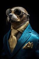 AI generated Sea lion dressed in an elegant modern suit with a nice tie. Fashion portrait of an anthropomorphic photo