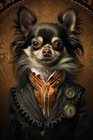 ai generado perro chihuahua vestido en un elegante moderno traje con un bonito atar. Moda retrato de un foto