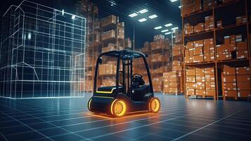 AI generated Forklift doing storage in warehouse by artificial intelligence automation. Robotics applied to photo