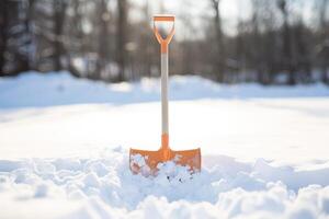 AI generated Closeup of a snow shovel clearing driveway, Winter service, snow maintenace, sweep snow from road photo