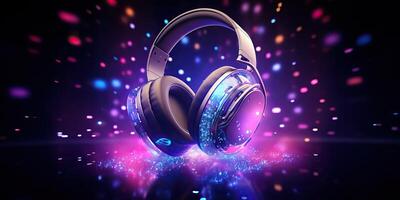 AI generated Stereo headphones exploding in festive colorful splash, sparkles and glitters with vibrant light photo