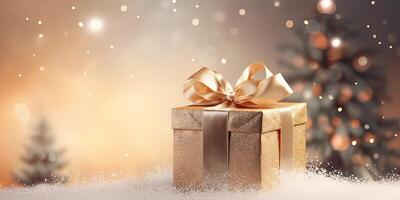 AI generated Gift box on table with snow, blur Christmas tree and golden festive bokeh light background for photo