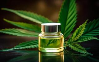 AI generated Medical cannabis products and hemp leaf CBD oil photo