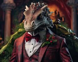AI generated Dragon dressed in a classy modern suit, standing as a successful leader and a confident gentleman. photo