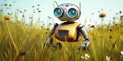 AI generated Little cute robot lost in a field on a beautiful day, discovering the earth and exploring nature photo