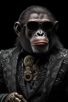 ai generado mono chimpancé vestido en un elegante traje con un bonito atar. Moda retrato de un antropomórfico foto