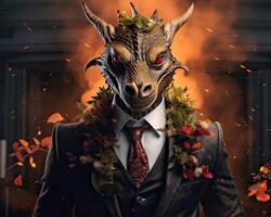 AI generated Dragon dressed in a classy modern suit, standing as a successful leader and a confident gentleman. photo