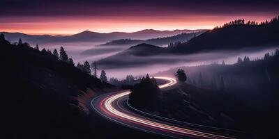 AI generated Morning road, Car headlights and traffic lights on a winding road through pine trees, in a foggy photo