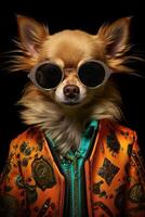 ai generado perro chihuahua vestido en un elegante moderno traje con un bonito atar, vistiendo Gafas de sol y un gorra. foto