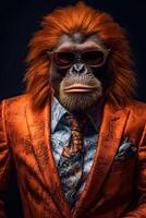 ai generado orangután vestido en un elegante moderno naranja traje con un bonito atar. Moda retrato de un foto