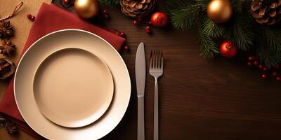 AI generated Elegant christmas table setting in white color for holiday dinner. Christmas or New Years photo