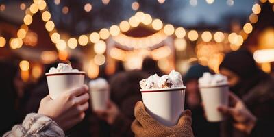 AI generated A joyful composition of People hands holding cups of hot cocoa with marshmallows, Close up of photo