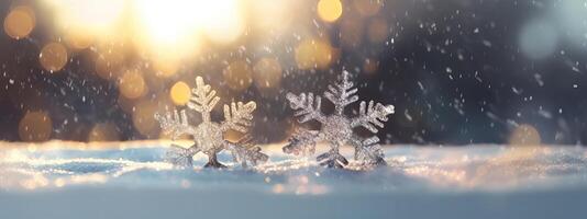 AI generated snowflake ice crystals snow falling on frozen ground and plants on a cold winter night photo