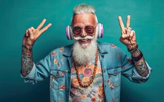 ai generado un contento hipster y frio abuelo, original estilo y tatuajes, vistiendo auriculares disfrutando música foto