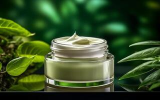 AI generated Photo luxury natural cream product behind blur natural background