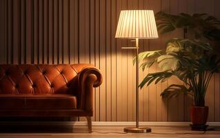 AI generated A lamp and a chair in a room with a lamp on the wall photo