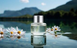 AI generated Photo cosmetic  perfume product on the water behind blur mountain background