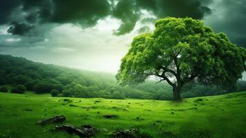 ai generado un verde árbol en un campo con el Dom brillante en eso foto