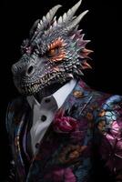 AI generated Dragon dressed in a classy modern suit, standing as a successful leader and a confident gentleman. photo