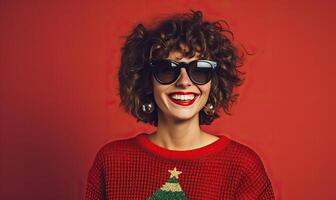 AI generated Cheerful happy woman wearing a Christmas sweater, isolated on plain colour studio background. New photo