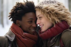 AI generated Happy smiling lesbian couple in love, girlfriends hugging and smiling in a snowy forest, winter photo