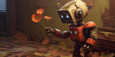 AI generated Little cute robot lost in a field on a beautiful day, discovering the earth and exploring nature photo