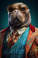 AI generated Walrus dressed in an elegant modern suit with a nice tie. Fashion portrait of an anthropomorphic photo