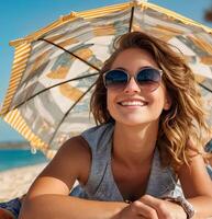 AI generated Happy young woman in sunglasses relaxing on the beach. The enjoying your vacation. Summer holidays and travel concept photo