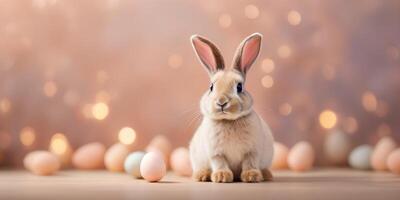 AI generated Easter bunny on blurred background in trendy Peach Fuzz color. Elegant backdrop for holiday banners, posters, cards. Happy Easter concept photo