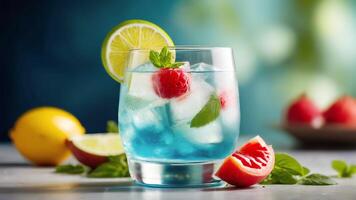 AI generated Summer cold cocktail with ice cubes, juice, berries and mint leaves on bright background. Fresh healthy cold beverage. photo