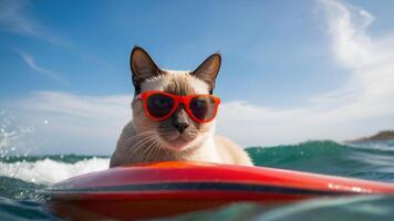 AI generated Cute siamese cat in sunglasses sitting on surfboard in the sea or ocean. Cat On Vacation. Concept of travel and summer vacation. photo