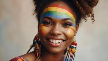 ai generado retrato de contento africano- americano mujer con arco iris pintado en rostro. estilo de vida lgbtq orgullo concepto foto