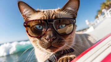 ai generado linda siamés gato en Gafas de sol sentado en tabla de surf en el mar o océano. gato en vacaciones. concepto de viaje y verano vacaciones. foto