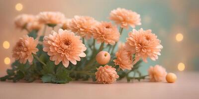 AI generated Bouquet of chrysanthemums on blurred bokeh background in trendy Peach Fuzz color. Elegant backdrop photo