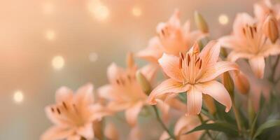 AI generated Bouquet of lilies on blurred bokeh background in trendy Peach Fuzz color. Elegant backdrop for holiday banners, posters, cards photo