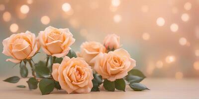 AI generated Bouquet of roses on blurred bokeh background in trendy Peach Fuzz color. Elegant backdrop for holiday banners, posters, cards photo