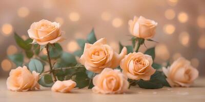 AI generated Bouquet of roses on blurred bokeh background in trendy Peach Fuzz color. Elegant backdrop for holiday banners, posters, cards photo