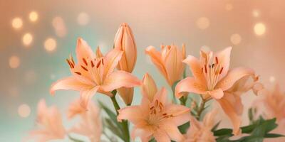 AI generated Bouquet of lilies on blurred bokeh background in trendy Peach Fuzz color. Elegant backdrop for holiday banners, posters, cards photo