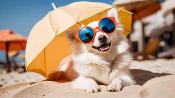 AI generated Cute spitz dog in sunglasses is sitting on the beach of sea or ocean. Dog is relaxing On Vacation. Concept of travel and summer vacation. photo