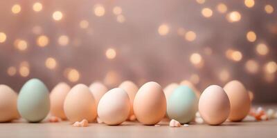 AI generated Easter eggs on blurred background in trendy Peach Fuzz color. Elegant backdrop for holiday banners, posters, cards. Happy Easter concept. photo