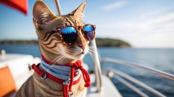 AI generated Cute funny cat in sunglasses sitting on boat or yacht in the ocean with summer cold cocktail. Cat On Vacation. Concept of travel and summer vacation. photo