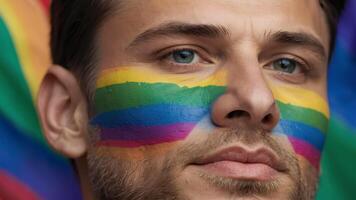 AI generated Portrait of happy american man with rainbow painted on face. Lifestyle lgbtq pride concept photo