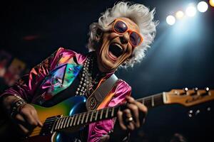 AI generated Grandmother playing electric guitar and screaming a song on stage as a rock star with blurred lights photo